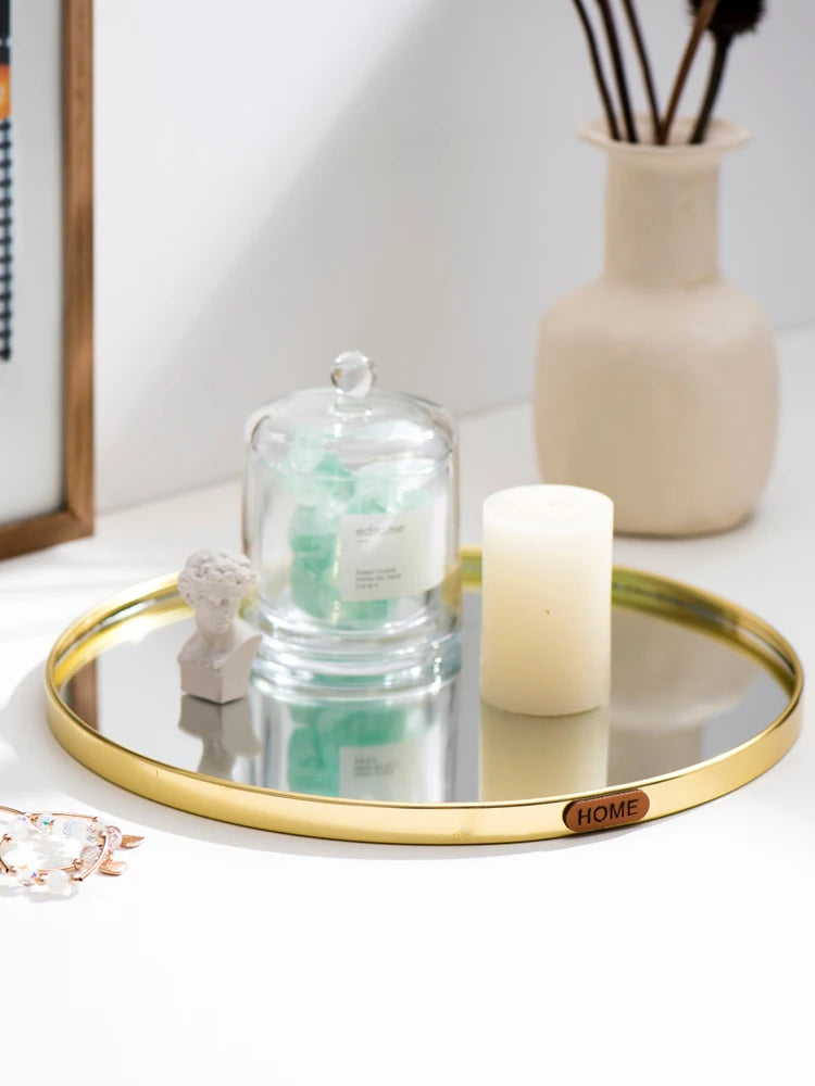 Nordic Home Bathroom Organizer Metal Glass Jewelry Display Plate Geometric Mirror Tray Gold Jewelry Storage Trinket Ring Dish