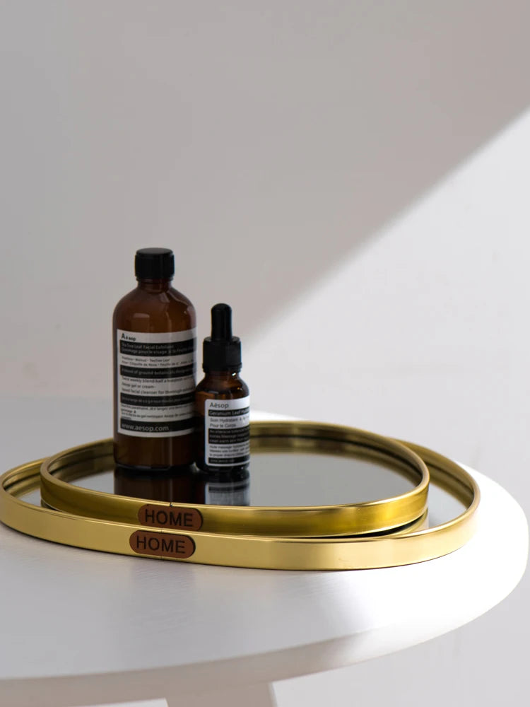 Nordic Home Bathroom Organizer Metal Glass Jewelry Display Plate Geometric Mirror Tray Gold Jewelry Storage Trinket Ring Dish