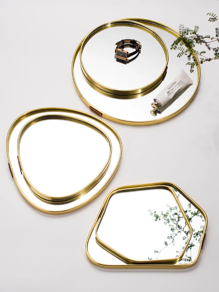 Nordic Home Bathroom Organizer Metal Glass Jewelry Display Plate Geometric Mirror Tray Gold Jewelry Storage Trinket Ring Dish