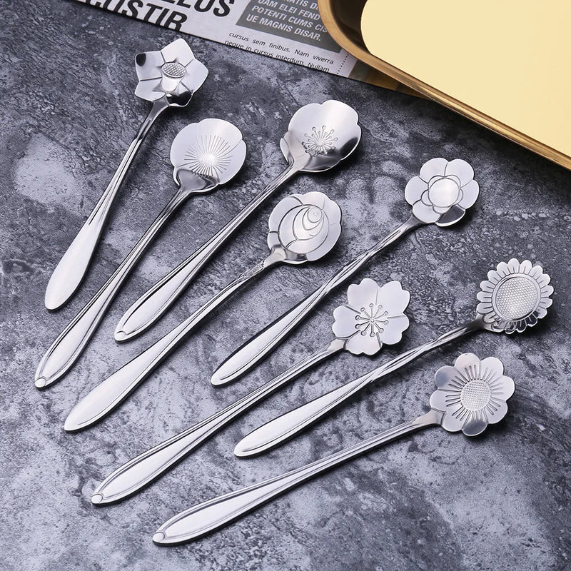 8Pcs Flower Spoon Set Small Teaspoon Coffee Spoon Cute Ice Cream Dessert Spoon Silver Gold Stainless Steel Spoon For Coffee Tea