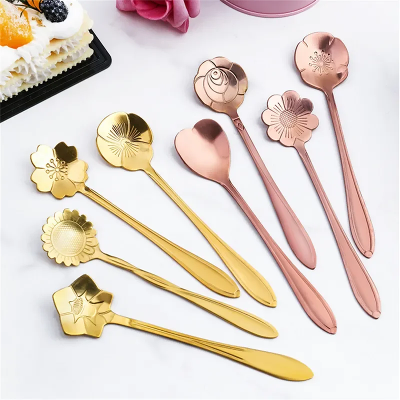 8Pcs Flower Spoon Set Small Teaspoon Coffee Spoon Cute Ice Cream Dessert Spoon Silver Gold Stainless Steel Spoon For Coffee Tea