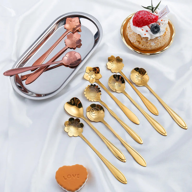 8Pcs Flower Spoon Set Small Teaspoon Coffee Spoon Cute Ice Cream Dessert Spoon Silver Gold Stainless Steel Spoon For Coffee Tea